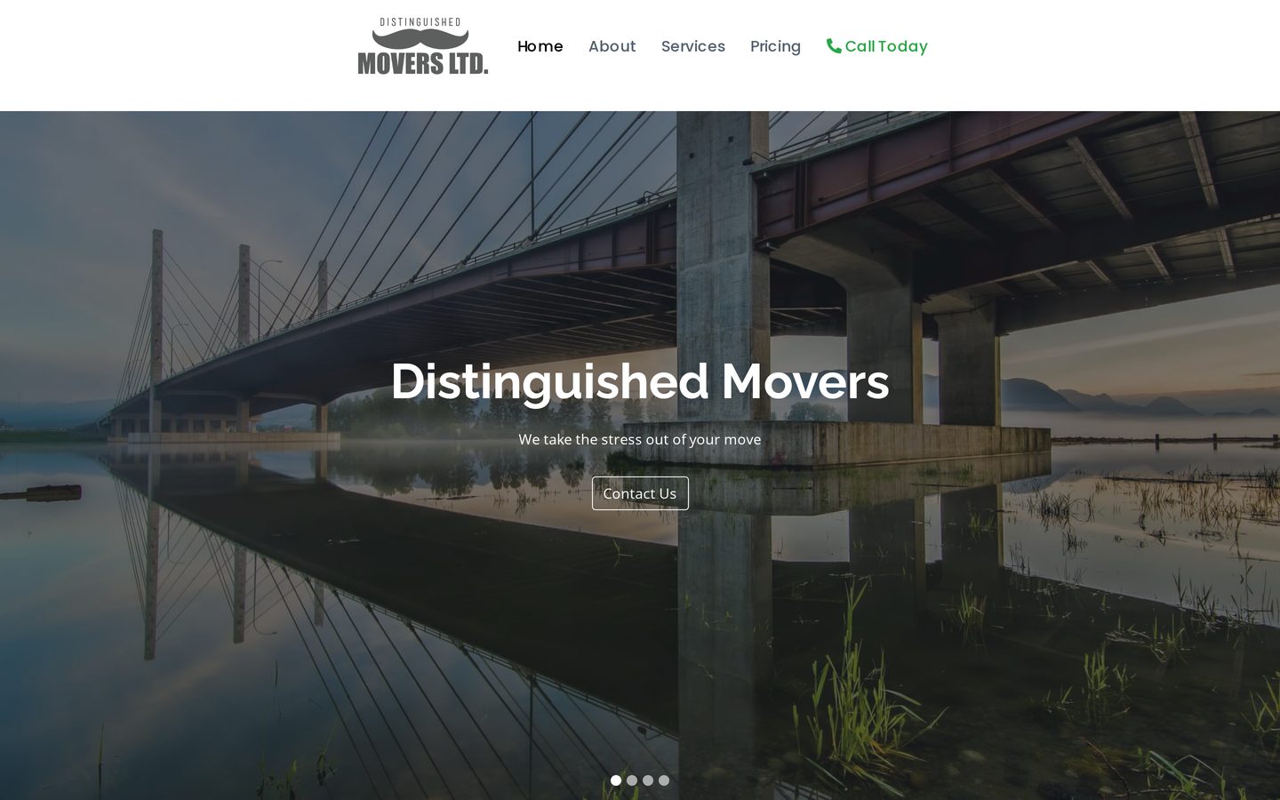 Distinguished Movers homepage hero with a full-width photo and a contact call to action