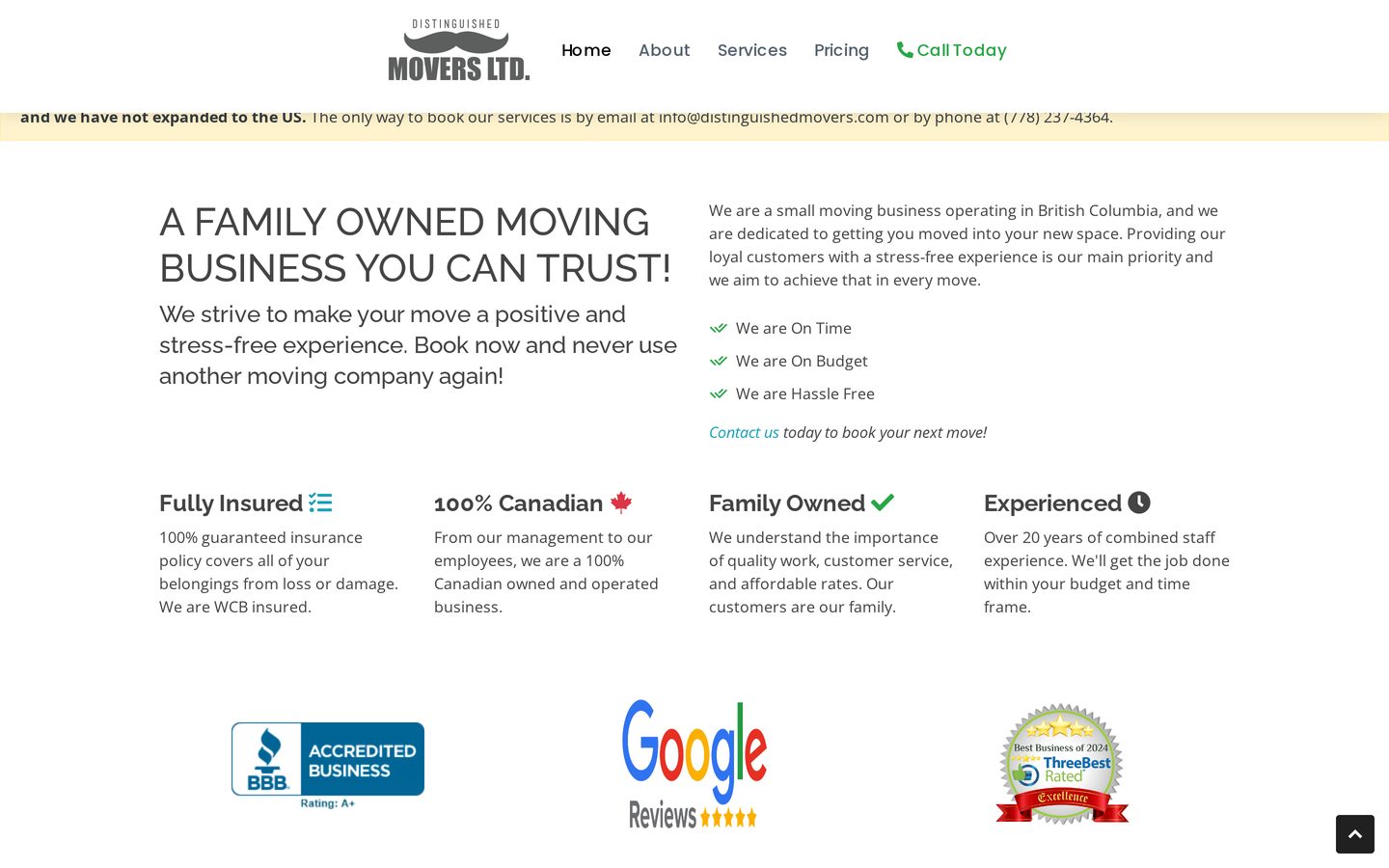 Distinguished Movers about section showing insured, Canadian owned, family owned and experienced trust blocks with accreditation badges