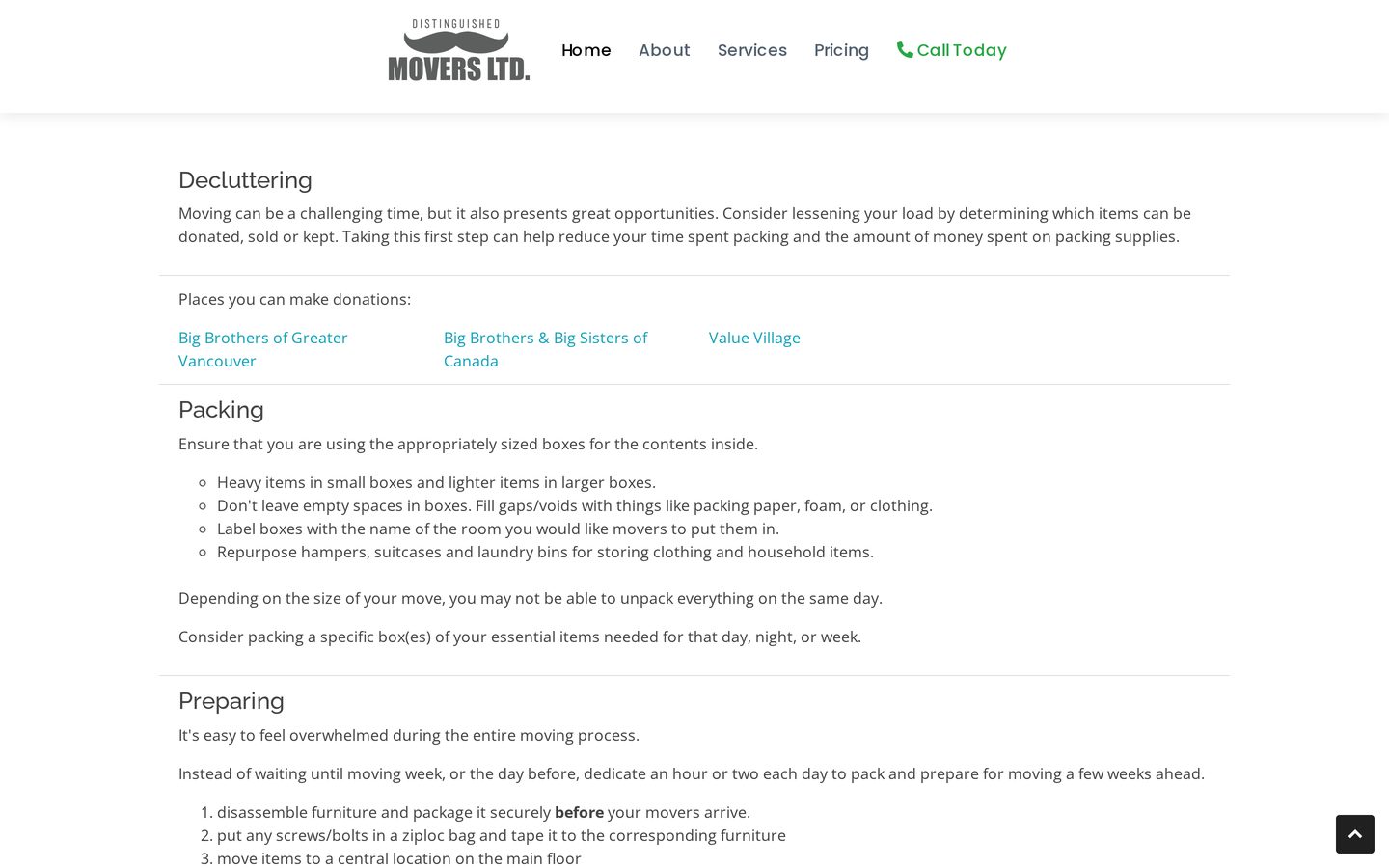 Distinguished Movers moving guide page with decluttering, packing and preparation checklists