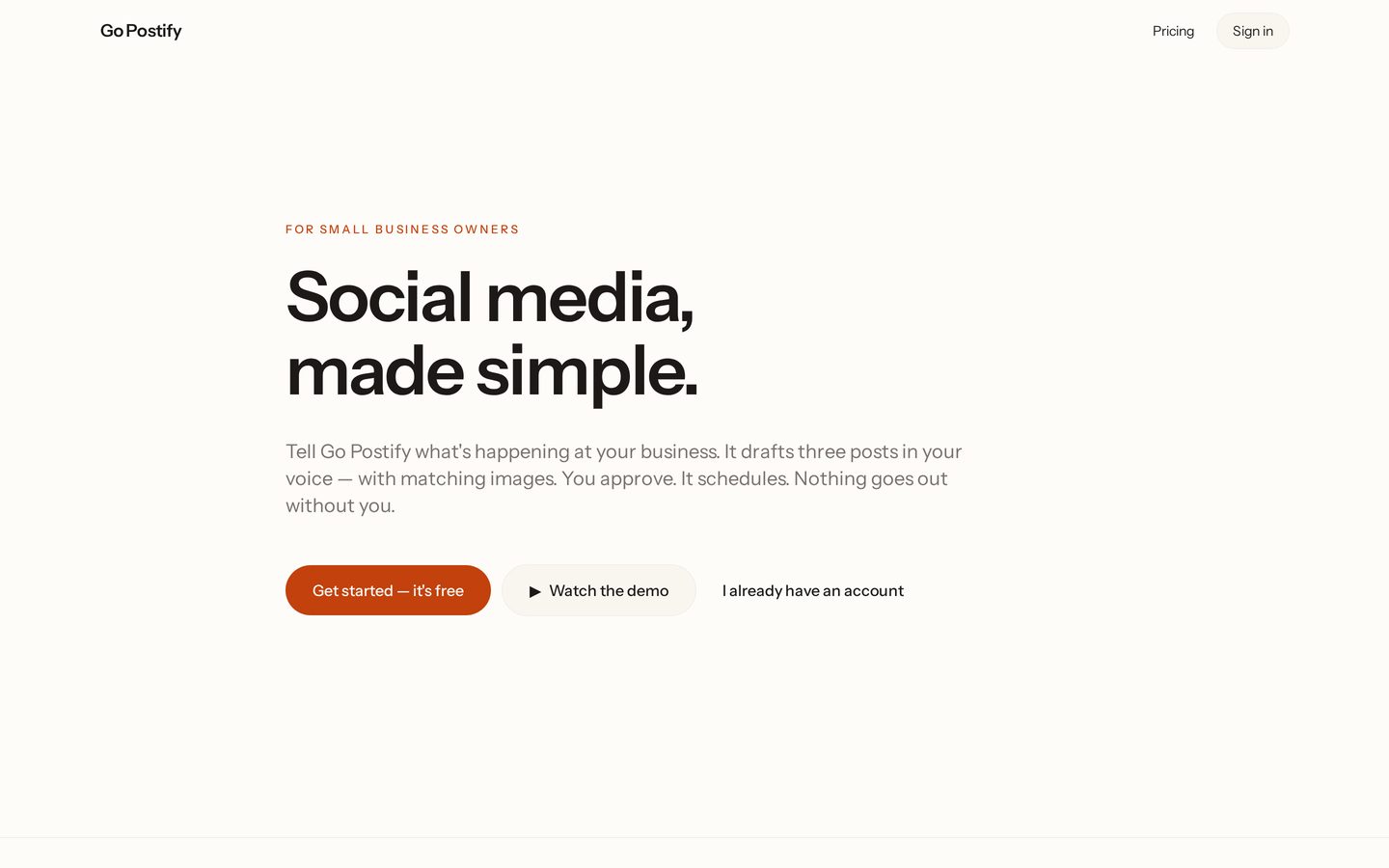 GoPostify homepage with the headline 'Social media, made simple' and a get started call to action