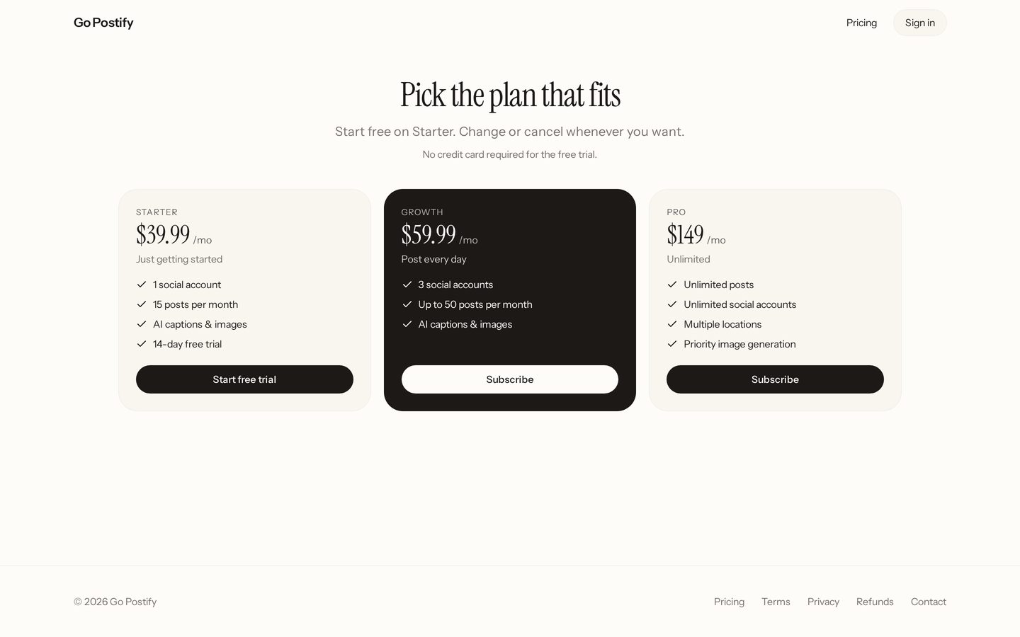 GoPostify pricing page showing Starter, Growth and Pro plans with post and account limits