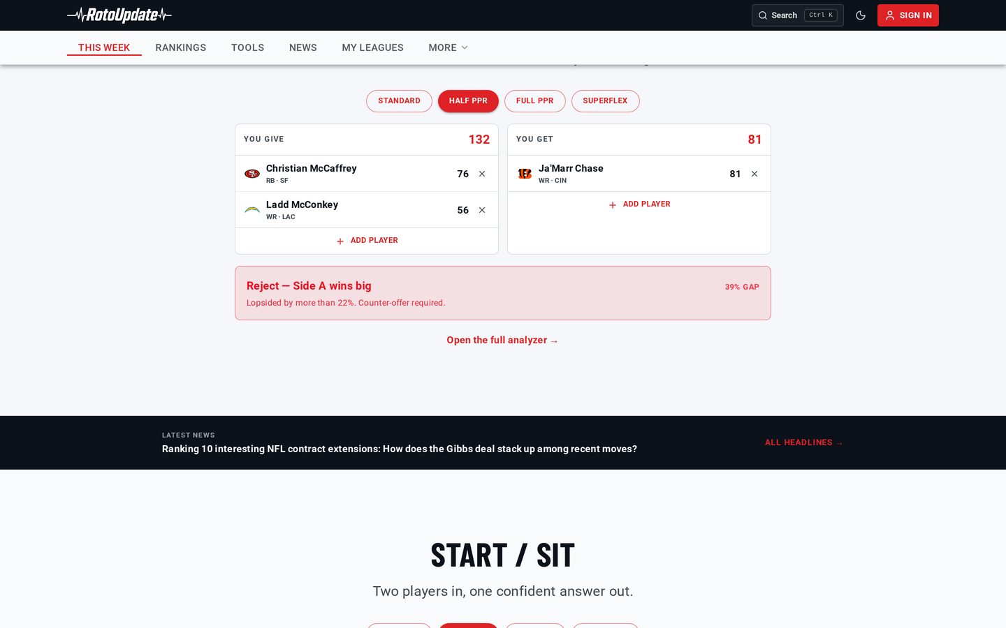 RotoUpdate trade analyzer comparing two players with a verdict and value gap, above a start/sit tool