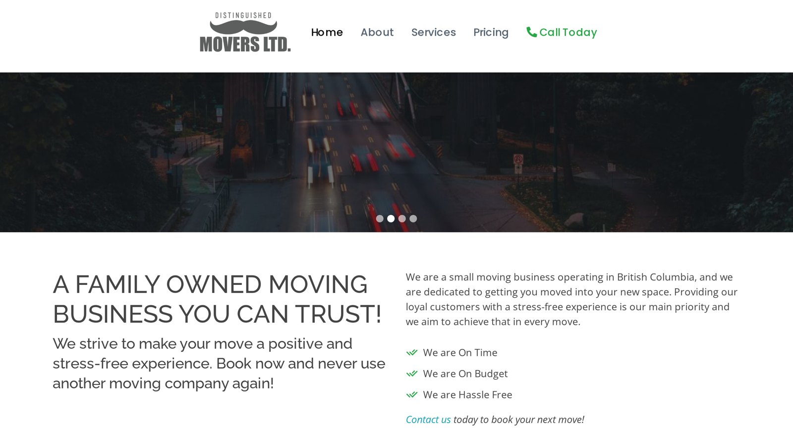 Screenshot of the Distinguished Movers website homepage